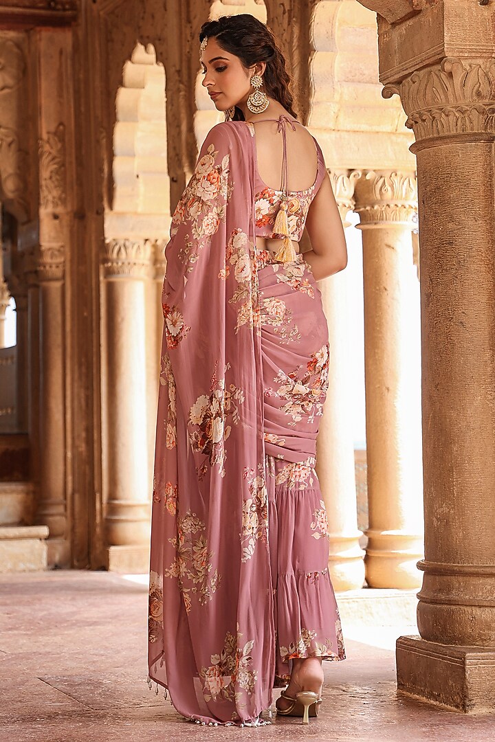 Lavender Georgette Floral Printed Pre-Draped Sharara Festive Saree Set by Scakhi Luxe at Pernia's Pop Up Shop