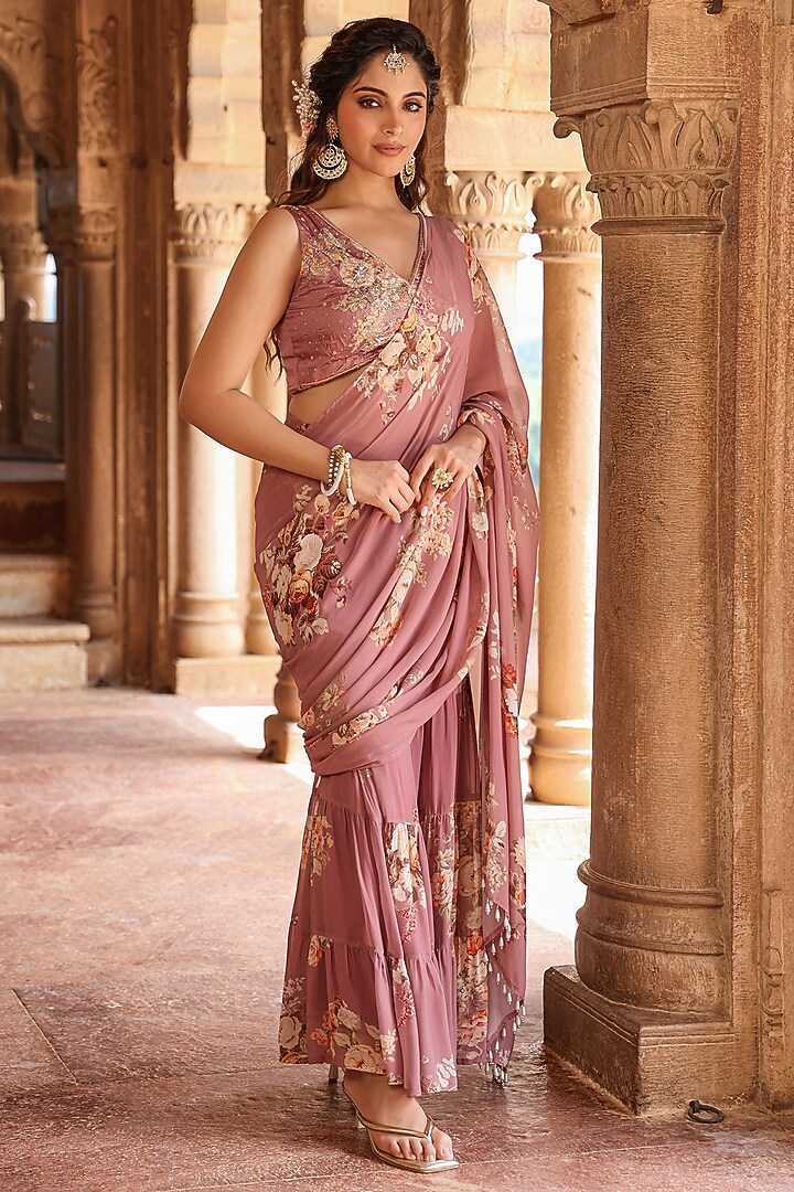 Lavender Georgette Floral Printed Pre-Draped Sharara Festive Saree Set by Scakhi Luxe at Pernia's Pop Up Shop