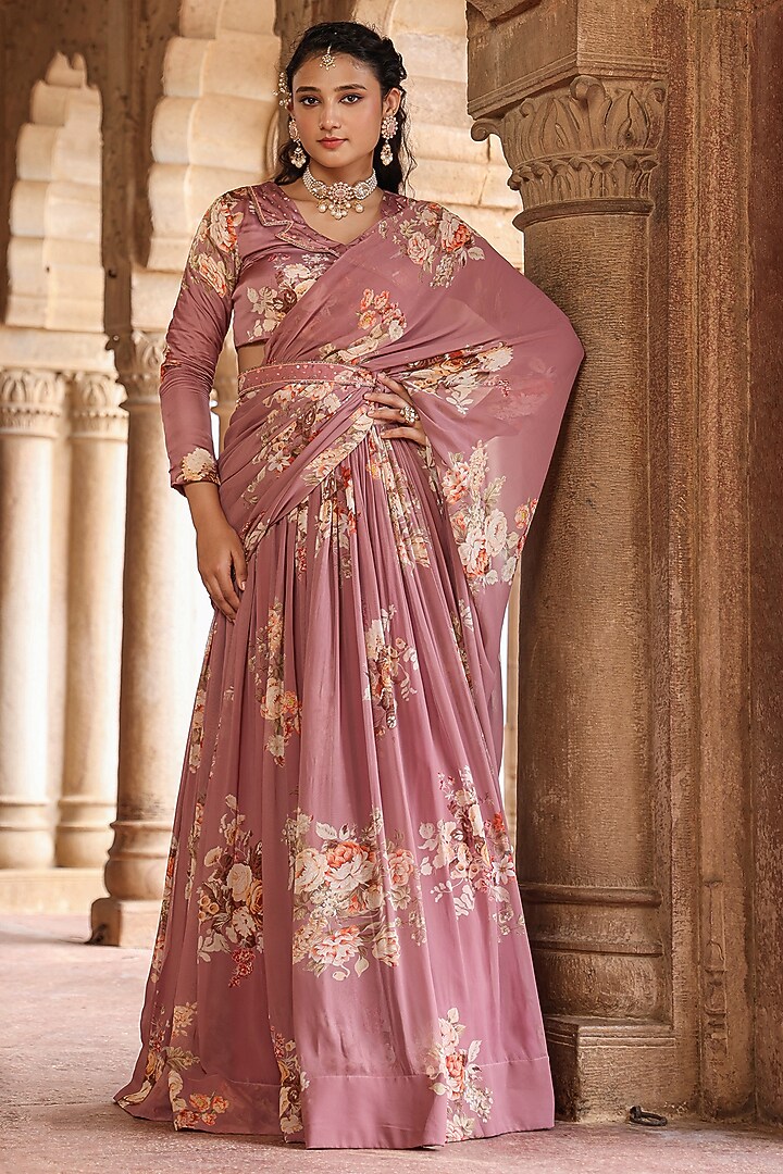 Lavender Georgette Floral Printed Pre-Draped Party Wear Lehenga Saree Set by Scakhi Luxe at Pernia's Pop Up Shop