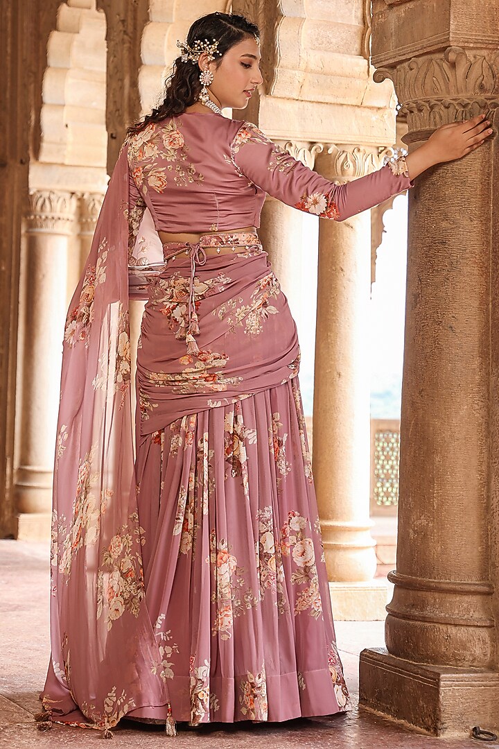Lavender Georgette Floral Printed Pre-Draped Party Wear Lehenga Saree Set by Scakhi Luxe at Pernia's Pop Up Shop