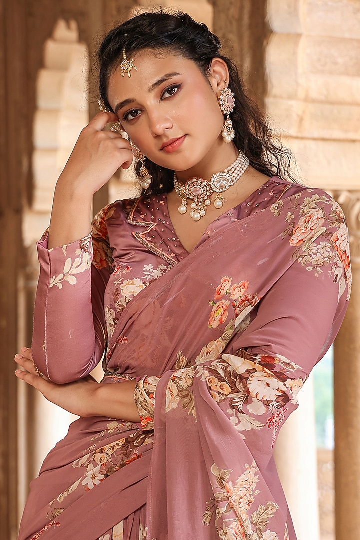 Lavender Georgette Floral Printed Pre-Draped Party Wear Lehenga Saree Set by Scakhi Luxe at Pernia's Pop Up Shop