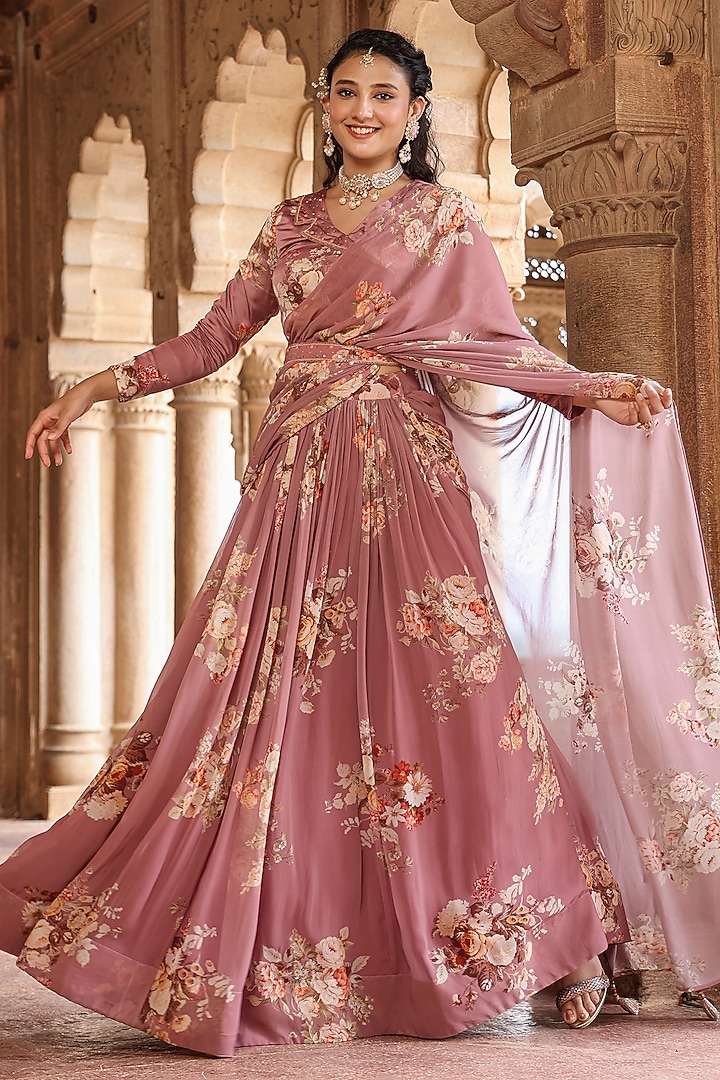 Lavender Georgette Floral Printed Pre-Draped Party Wear Lehenga Saree Set by Scakhi Luxe at Pernia's Pop Up Shop