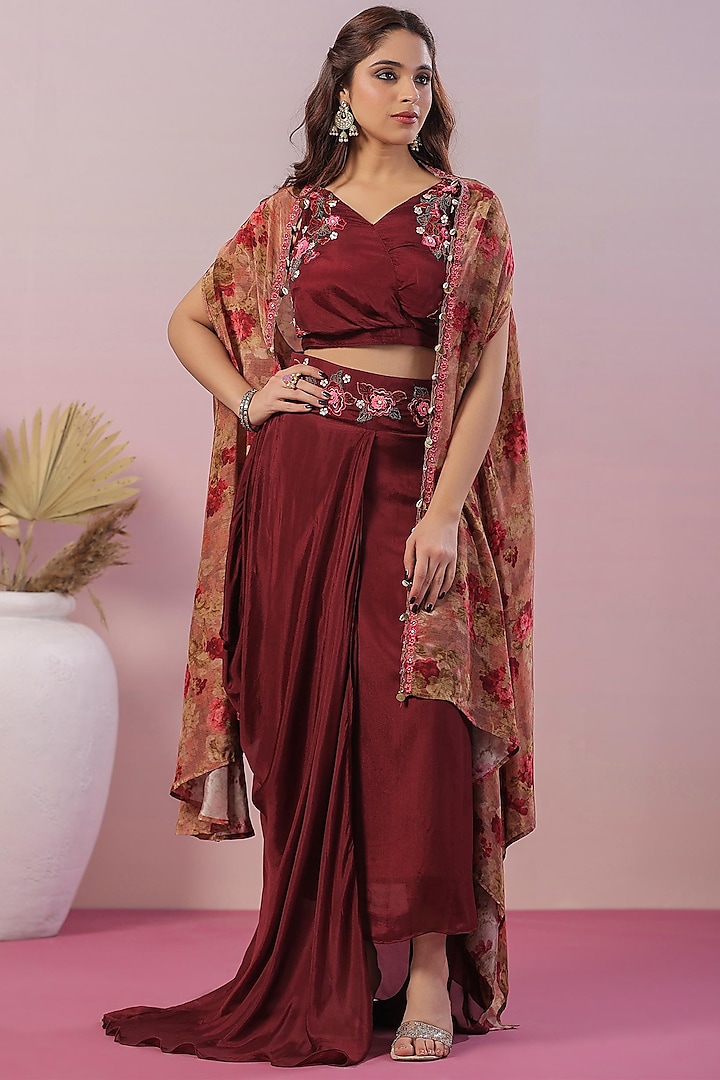 Brown Crepe Silk Floral Printed Cape Set by Scakhi