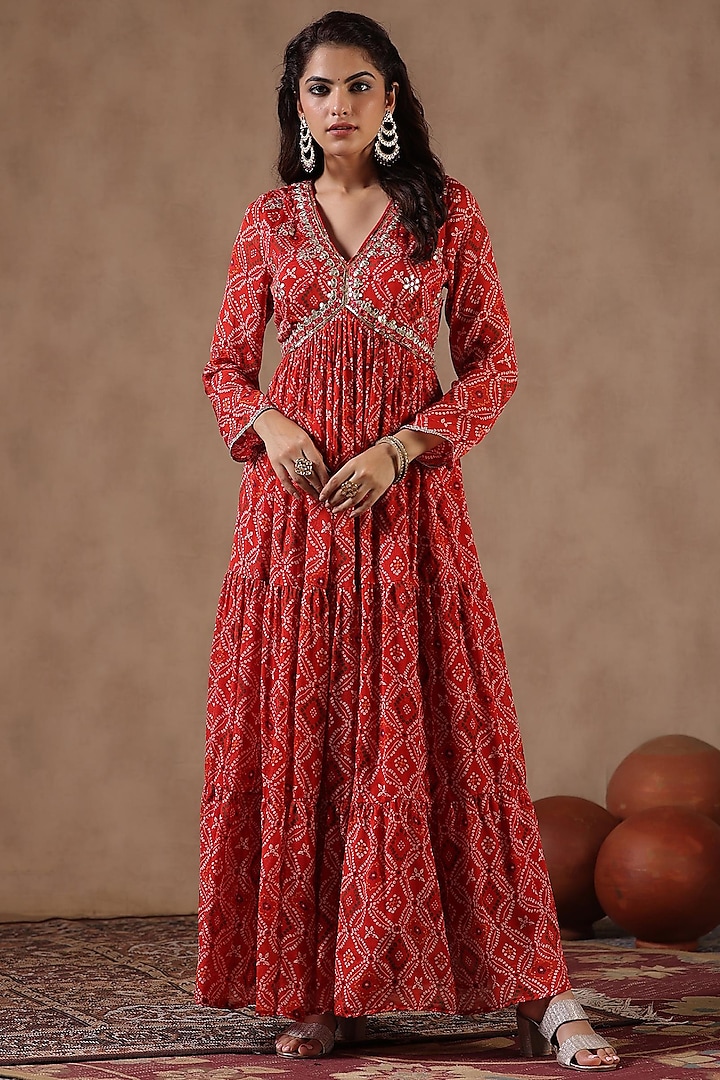 Red Chinon Silk Bandhani Printed Gown by Scakhi