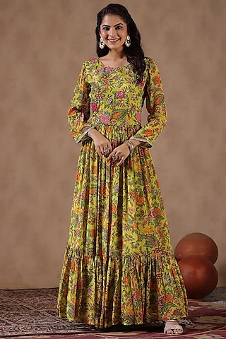 Lemon Yellow Chinon Silk Floral Printed Gown by Scakhi Luxe