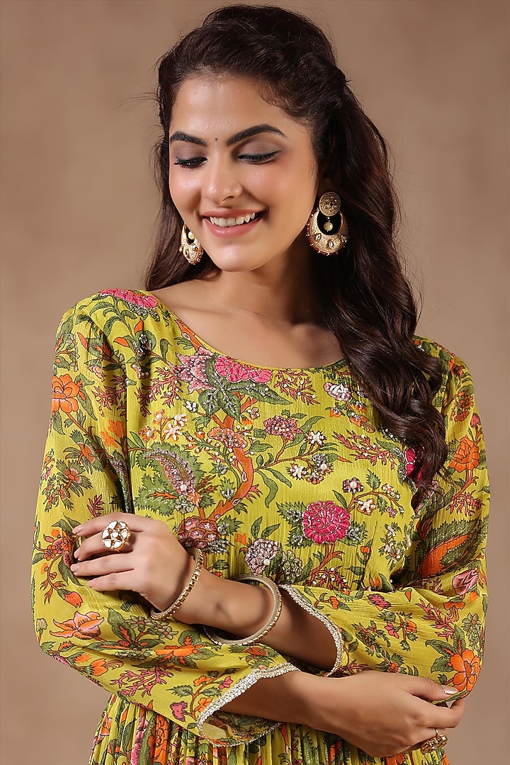 Lemon Yellow Chinon Silk Floral Printed Gown by Scakhi Luxe at Pernia's Pop Up Shop