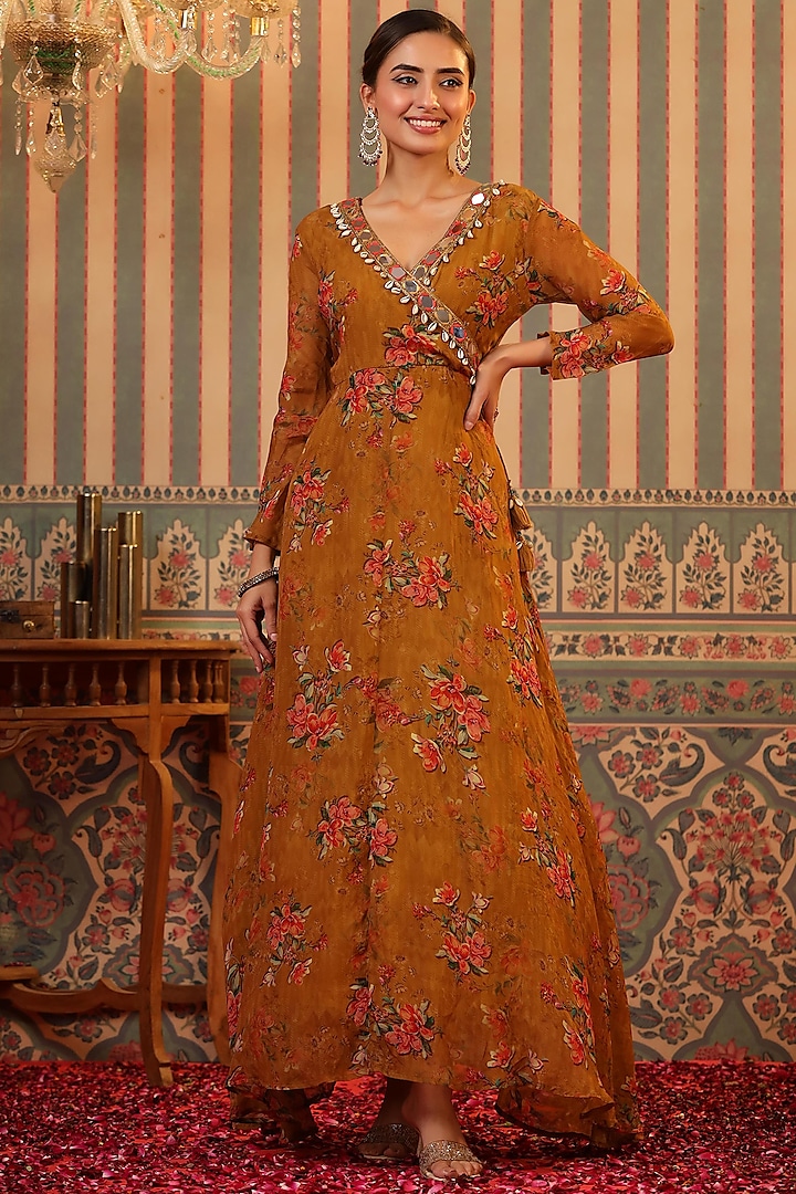 Mustard Organza Floral Printed Angrakha Gown by Scakhi