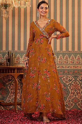 Mustard Organza Floral Printed Angrakha Gown by Scakhi Luxe