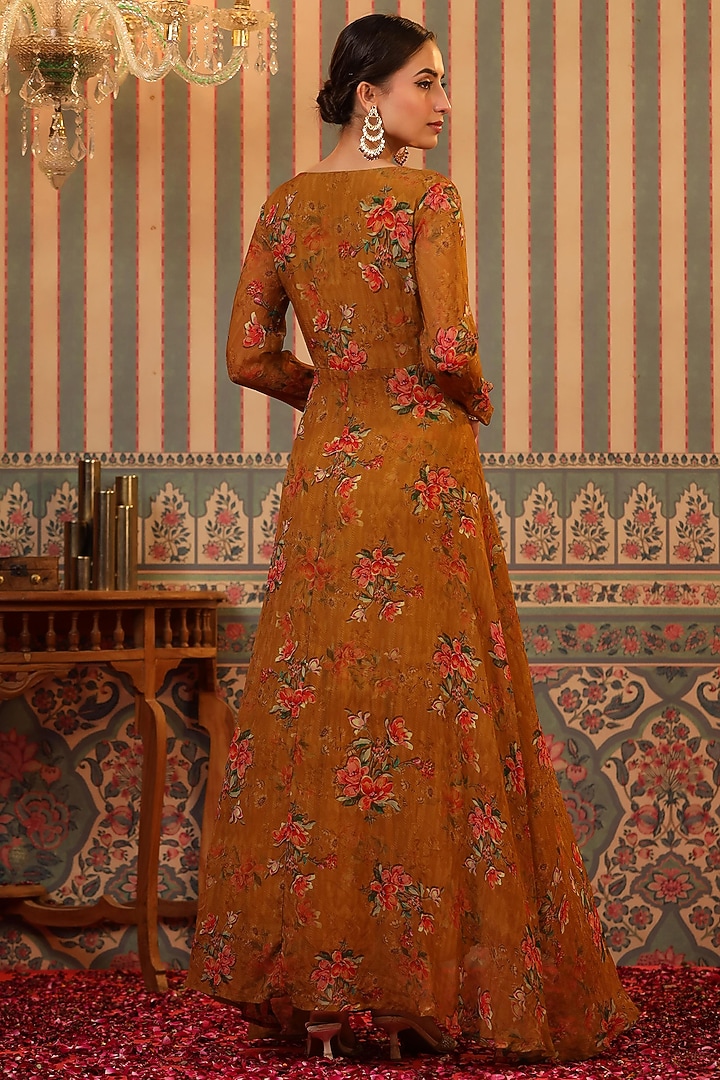 Mustard Organza Floral Printed Angrakha Gown by Scakhi Luxe at Pernia's Pop Up Shop