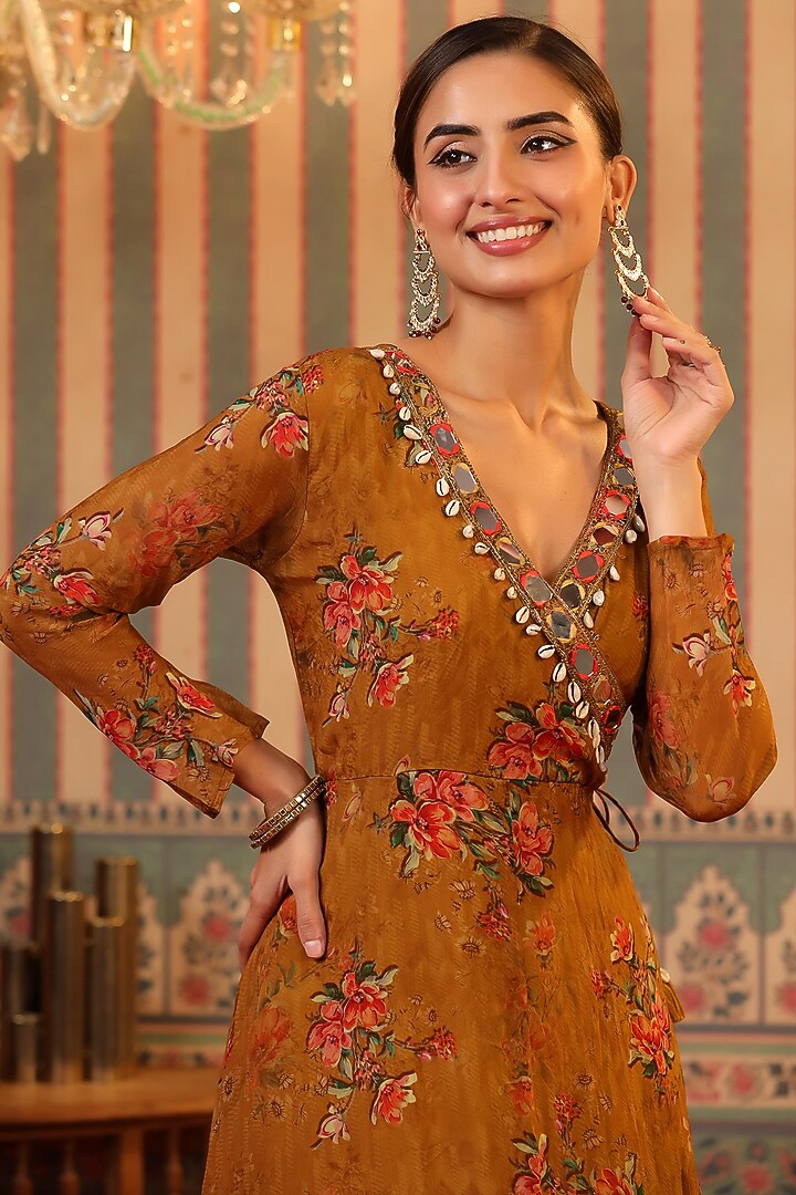 Mustard Organza Floral Printed Angrakha Gown by Scakhi Luxe at Pernia's Pop Up Shop
