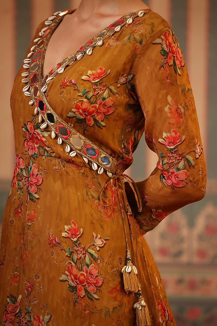 Mustard Organza Floral Printed Angrakha Gown by Scakhi Luxe at Pernia's Pop Up Shop