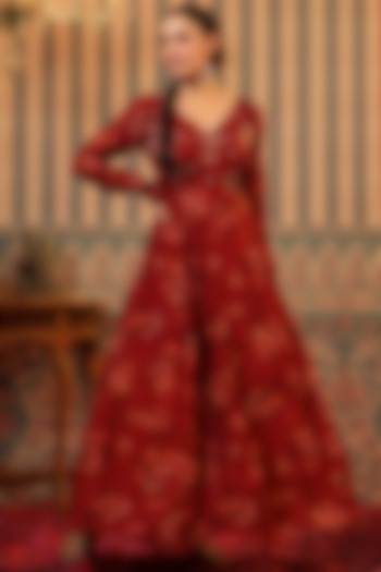 Red Organza Floral Printed Gown by Scakhi