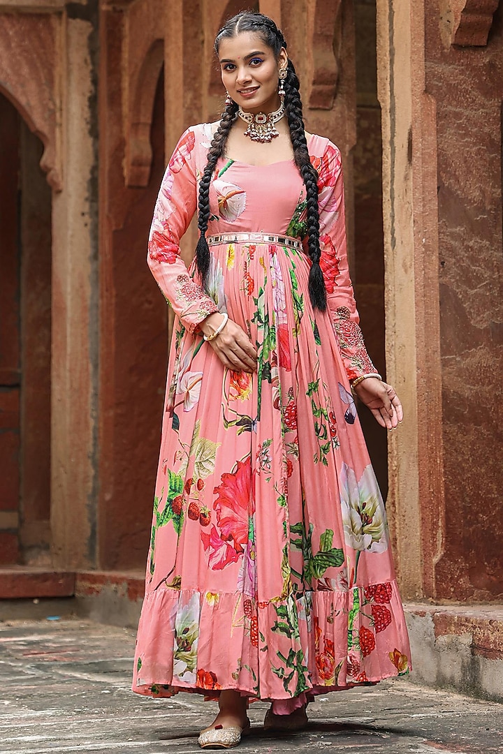 Pink Chinon Silk Floral Printed Gown by Scakhi