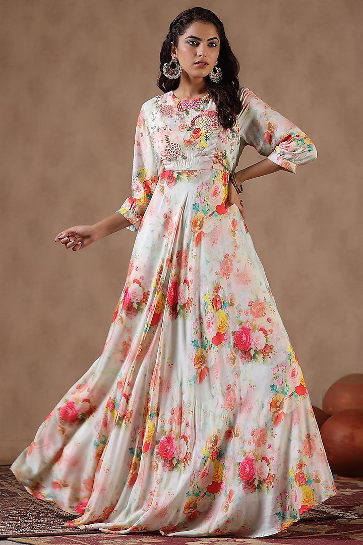 Multi-Colored Satin Floral Printed Gown by Scakhi