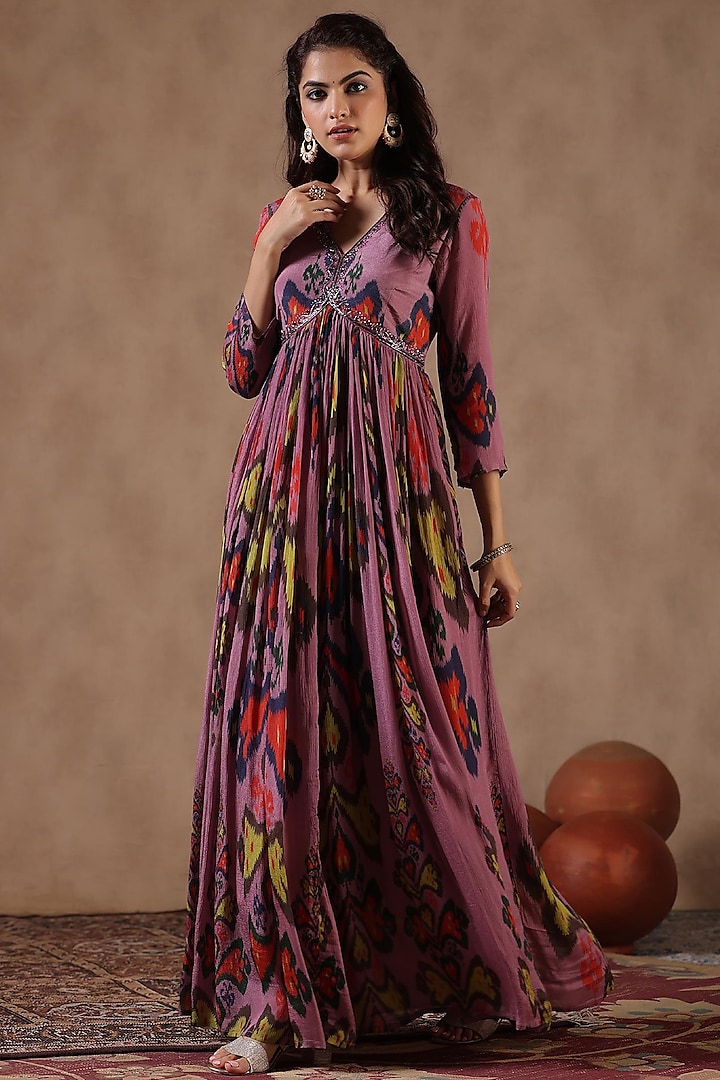 Mauve Chinon Silk Ikat Printed Gown by Scakhi