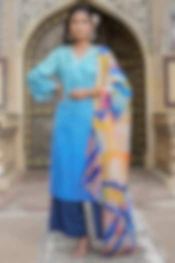 Blue Crepe Silk Sequins Work & Floral Printed Kurta Set by Scakhi Luxe at Pernia's Pop Up Shop