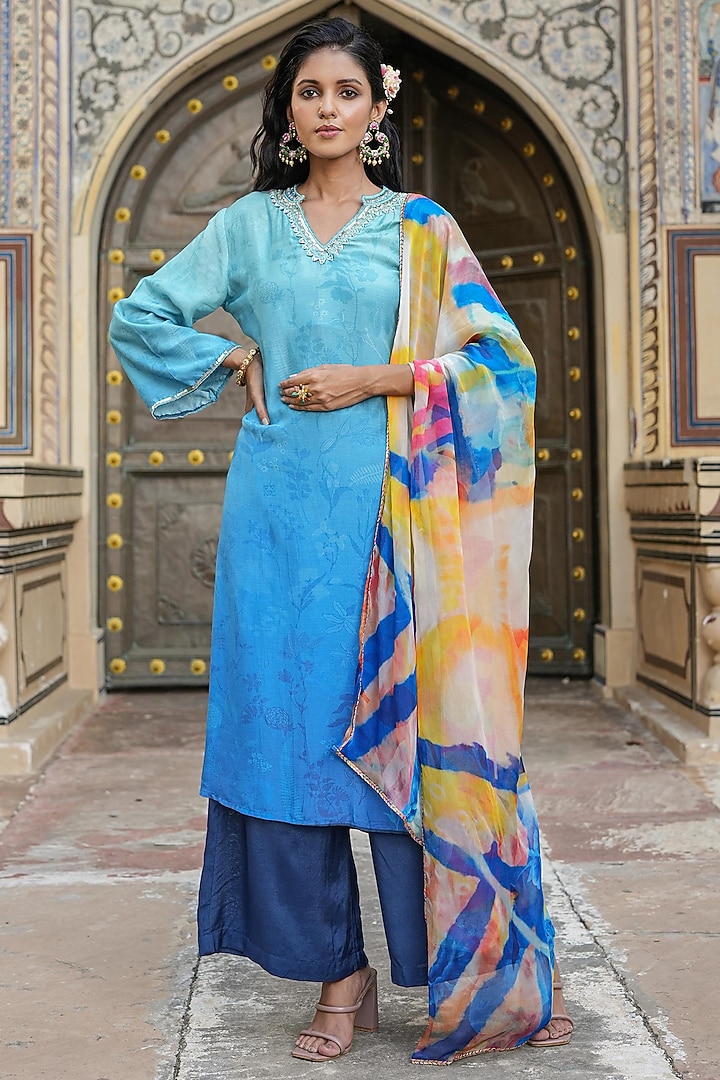 Blue Crepe Silk Sequins Work & Floral Printed Kurta Set by Scakhi Luxe at Pernia's Pop Up Shop