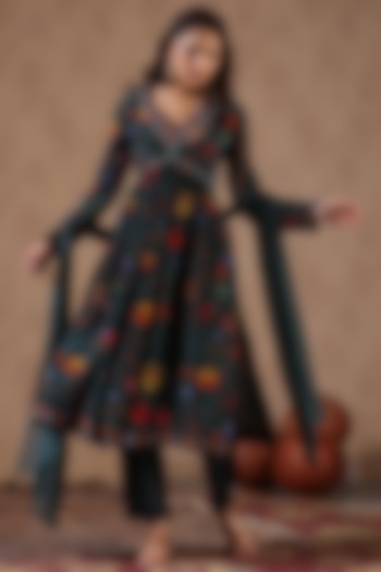 Teal Crepe Silk Floral Printed & Embellished Gathered Kurta Set by Scakhi Luxe at Pernia's Pop Up Shop