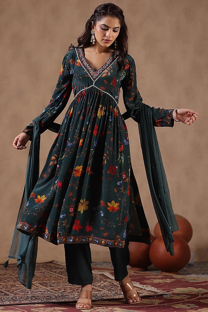 Teal Crepe Silk Floral Printed & Embellished Gathered Kurta Set by Scakhi Luxe at Pernia's Pop Up Shop
