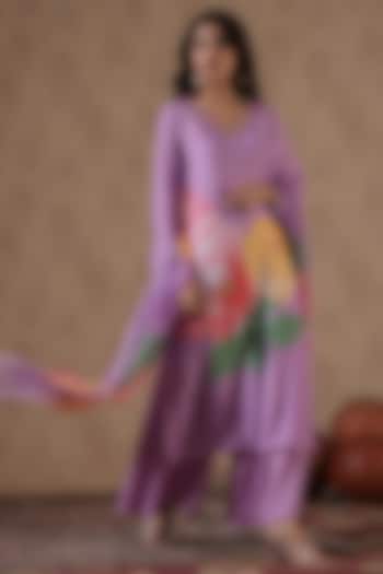 Lavender Muslin Silk Floral Printed & Beads Embellished Kurta Set by Scakhi