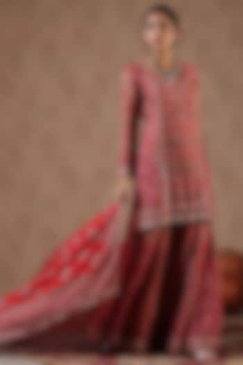 Rust Chinon Silk Ajrakh Printed Flared Sharara Set by Scakhi