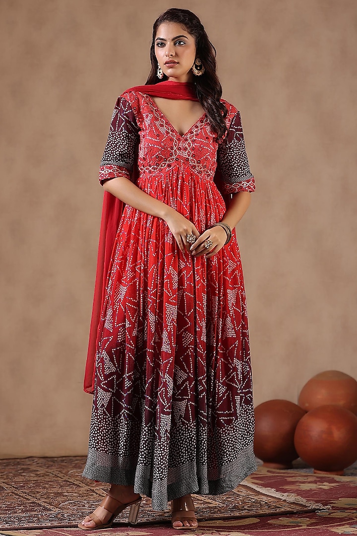 Red Chinon Silk Mirror Work & Bandhani Printed Gathered Anarkali Set by Scakhi