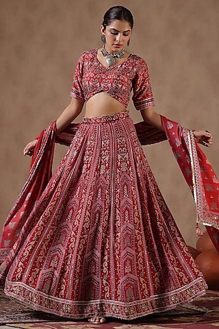 Rust Chinon Silk Ajrakh Printed Kalidar Lehenga Set by Scakhi Luxe