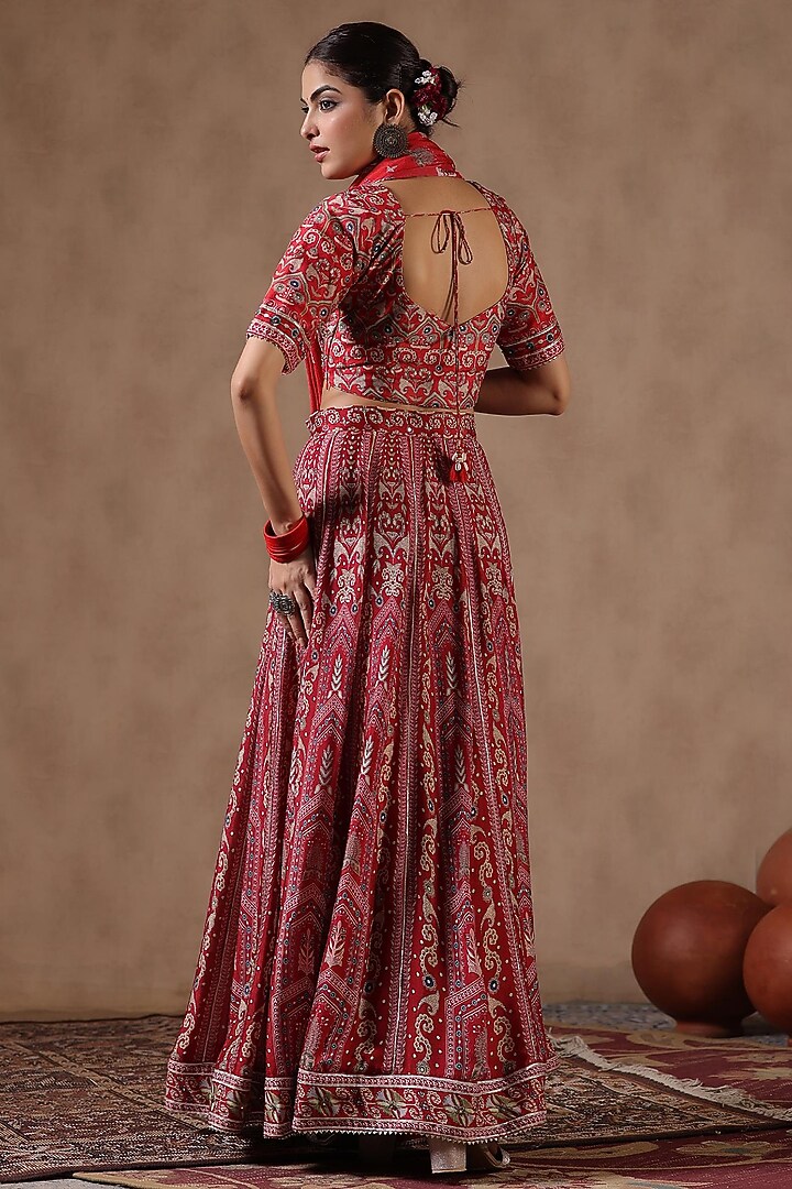Rust Chinon Silk Ajrakh Printed Kalidar Wedding Lehenga Set by Scakhi Luxe at Pernia's Pop Up Shop