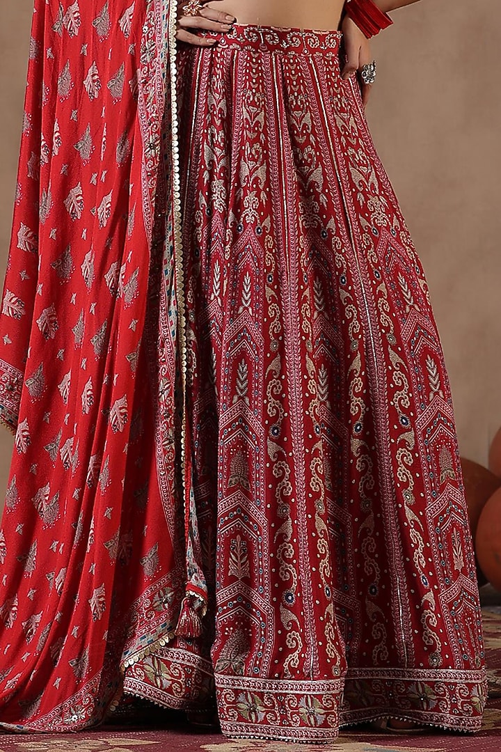 Rust Chinon Silk Ajrakh Printed Kalidar Wedding Lehenga Set by Scakhi Luxe at Pernia's Pop Up Shop