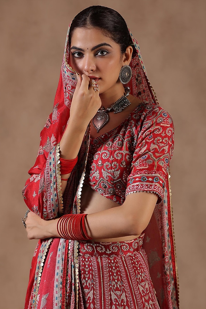 Rust Chinon Silk Ajrakh Printed Kalidar Wedding Lehenga Set by Scakhi Luxe at Pernia's Pop Up Shop