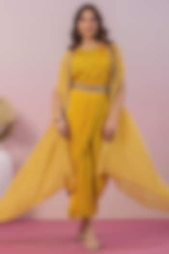 Mustard Chinon Silk Pleated Saree Dress by Scakhi