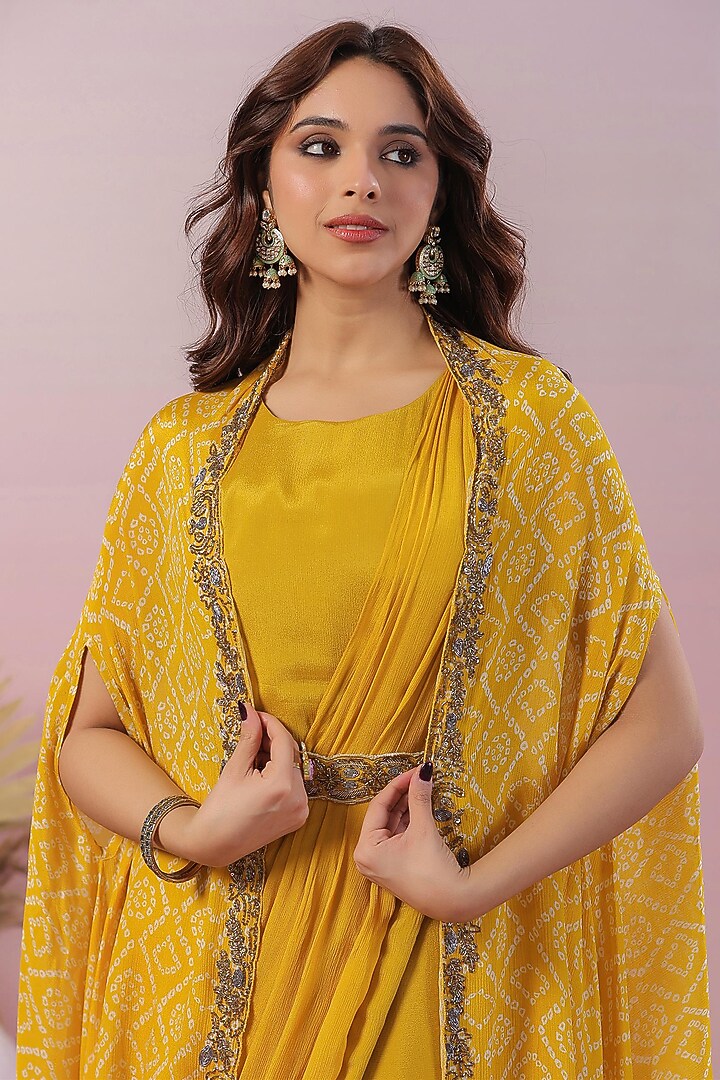 Mustard Chinon Silk Pleated Saree Summer Dress by Scakhi Luxe at Pernia's Pop Up Shop