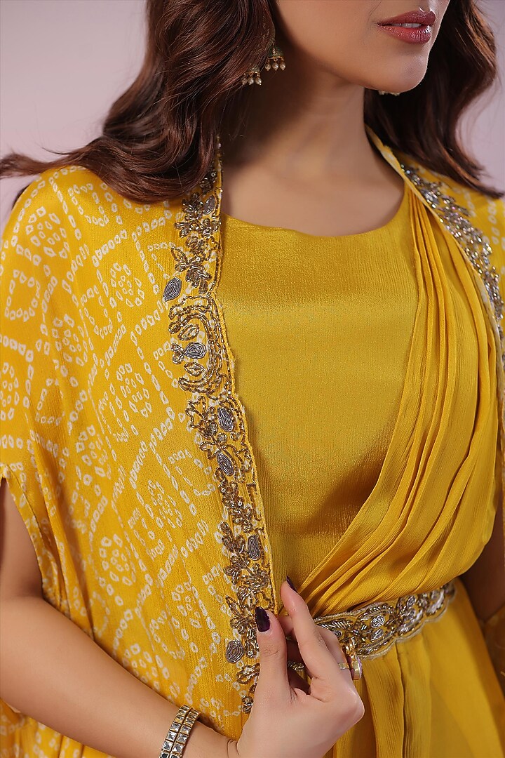 Mustard Chinon Silk Pleated Saree Summer Dress by Scakhi Luxe at Pernia's Pop Up Shop