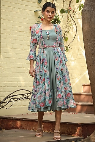 Teal Rayon Embroidered & Printed Jacket Dress by Scakhi Luxe