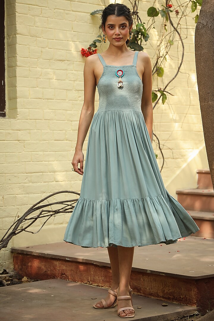 Teal Rayon Embroidered & Printed Jacket Summer Dress by Scakhi Luxe at Pernia's Pop Up Shop