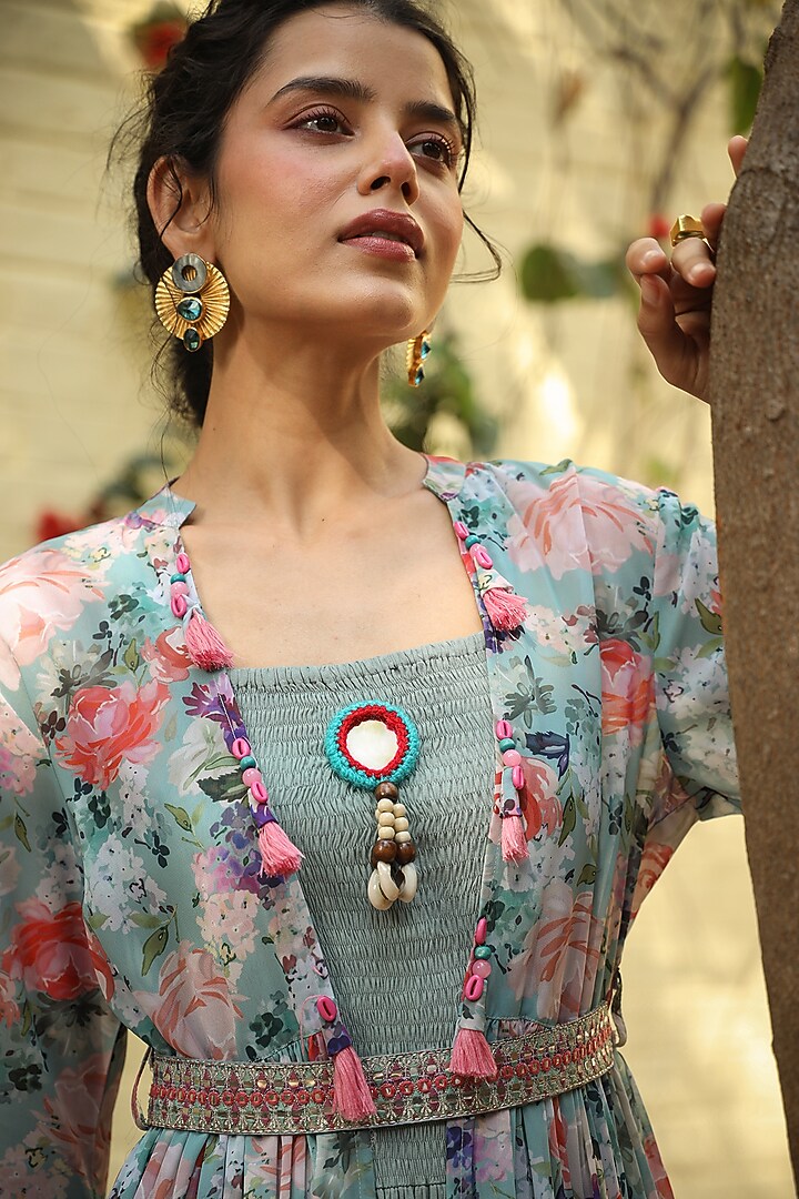 Teal Rayon Embroidered & Printed Jacket Summer Dress by Scakhi Luxe at Pernia's Pop Up Shop