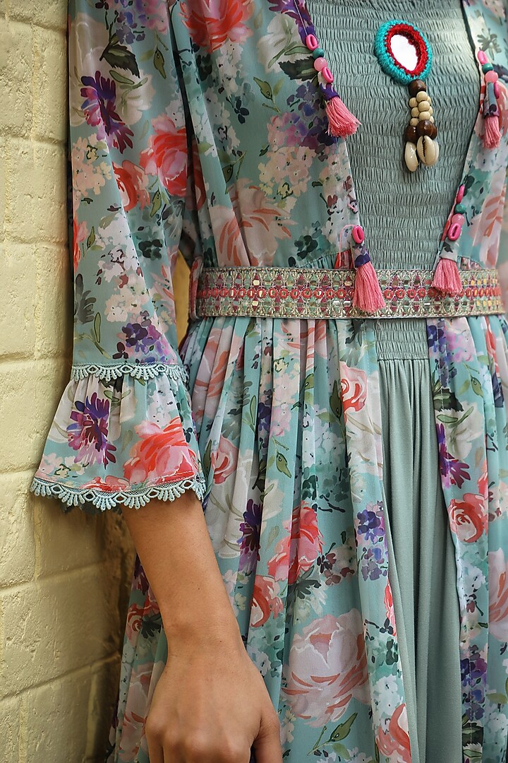Teal Rayon Embroidered & Printed Jacket Summer Dress by Scakhi Luxe at Pernia's Pop Up Shop