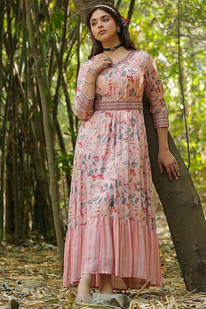 Pink Pure Muslin Floral Printed Anarkali by Scakhi