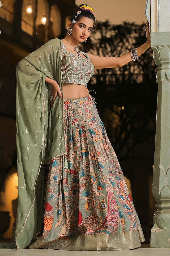 Pista Green Pure Ghicha Silk Printed Lehenga Set by Scakhi at Pernia's Pop Up Shop