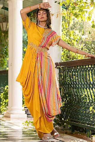 Yellow Dola Silk Embroidered Gown by Scakhi Luxe