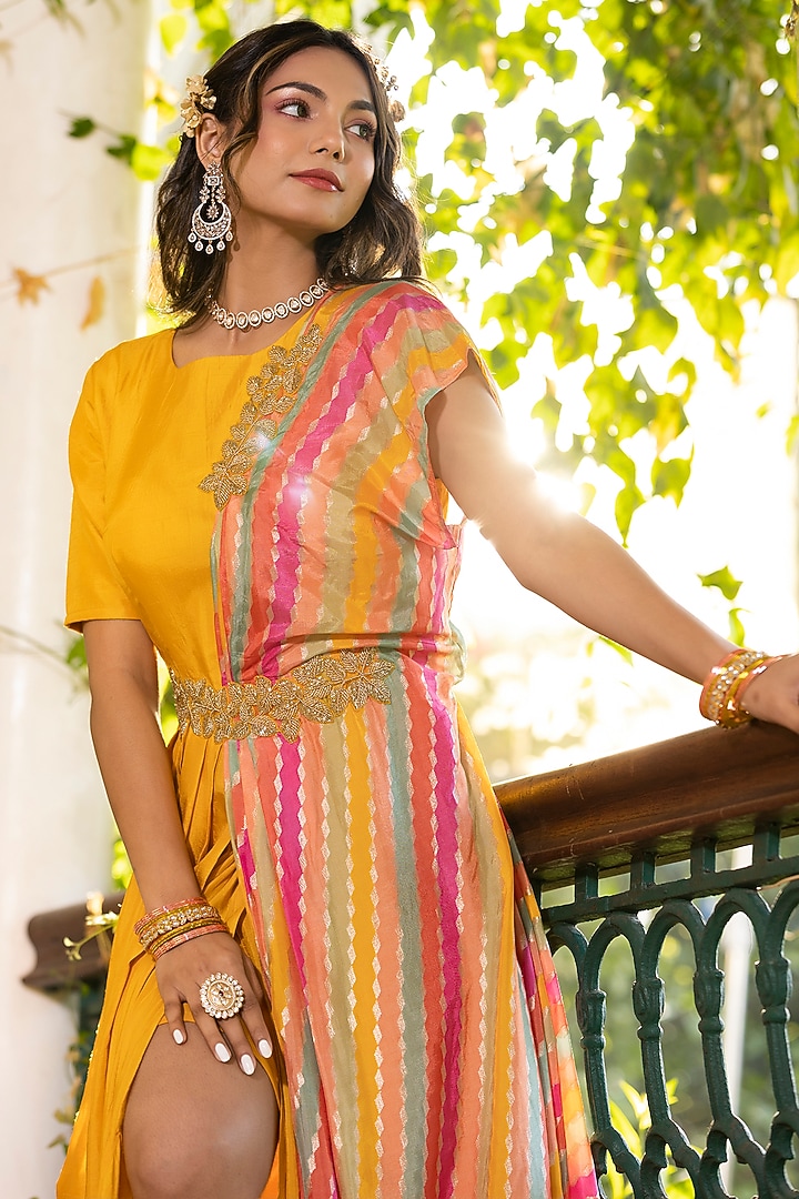 Yellow Dola Silk Embroidered Party Wear Gown by Scakhi Luxe at Pernia's Pop Up Shop