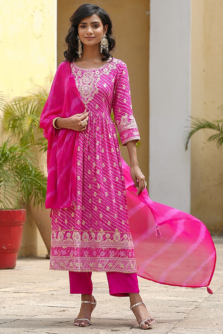 Pink German Rayon Embroidered & Printed Kurta Set by Scakhi