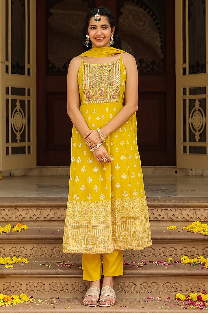 Yellow Georgette Foil Printed & Embellished Anarkali Set by Scakhi