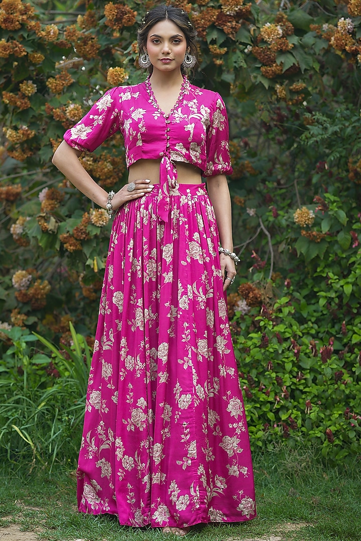 Pink Royal Silk Floral Printed Skirt Set by Scakhi Luxe at Pernia's Pop Up Shop