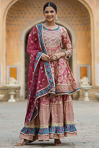 Mauve Muslin Silk Digital Floral Printed Sharara Set by Scakhi Luxe