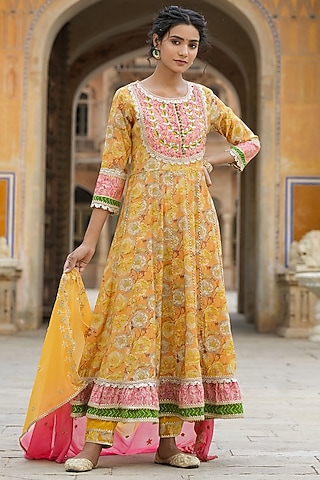 Yellow Muslin Silk Digital Floral Printed Anarkali Set by Scakhi Luxe