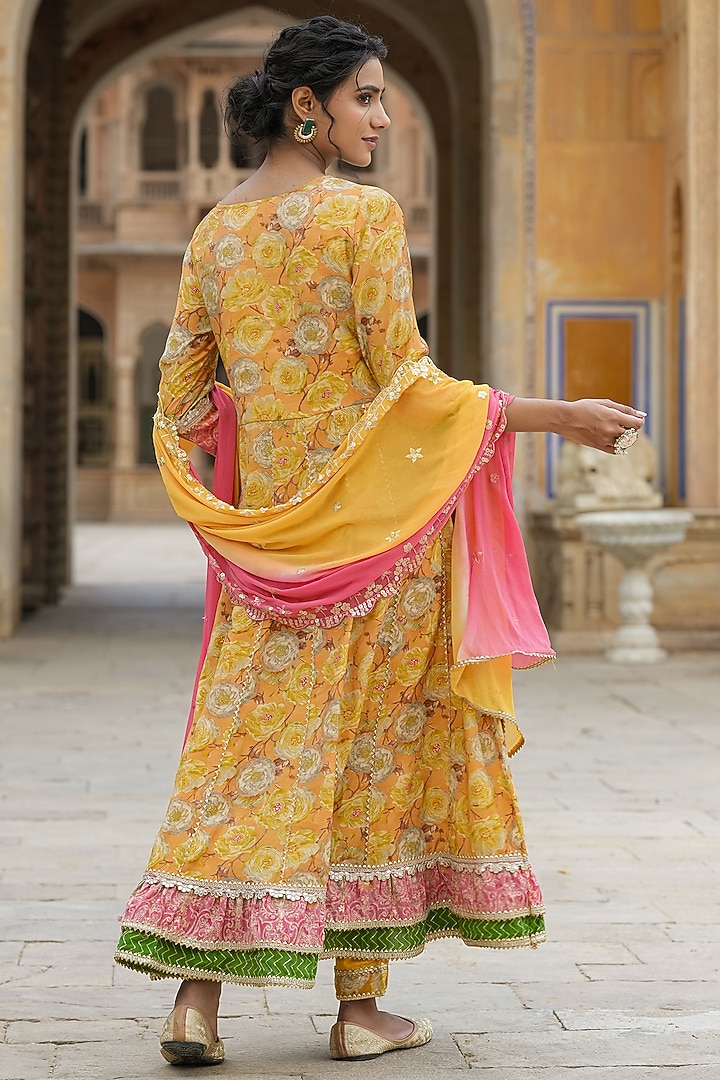 Yellow Muslin Silk Digital Floral Printed Anarkali Set by Scakhi Luxe at Pernia's Pop Up Shop