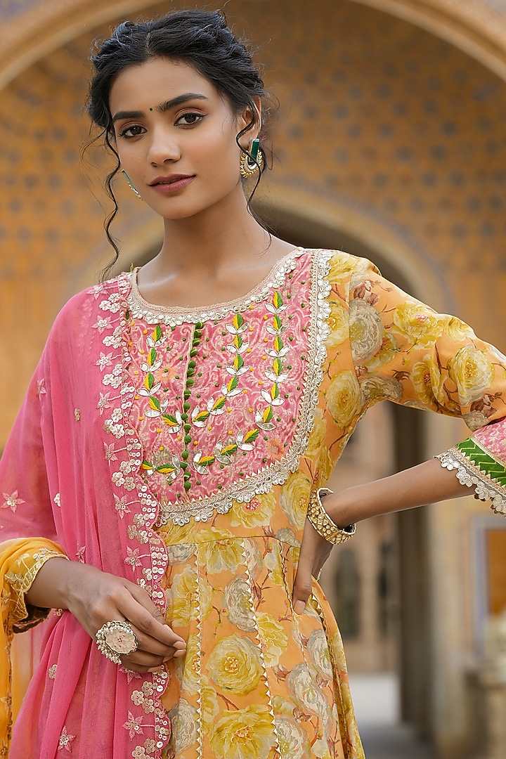 Yellow Muslin Silk Digital Floral Printed Anarkali Set by Scakhi Luxe at Pernia's Pop Up Shop