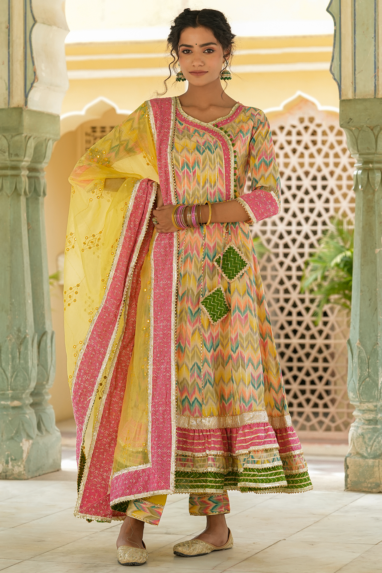 Multi-Colored Muslin Silk Digital Printed Angrakha Kurta Set by Scakhi Luxe at Pernia's Pop Up Shop