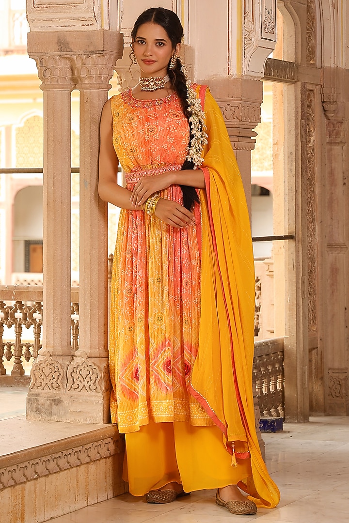 Yellow Chinon Silk Shibori Printed Pleated Kurta Set by Scakhi Luxe at Pernia's Pop Up Shop